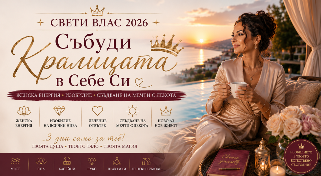 Трансформиращ Retreat за Жени „СВЕТИ ВЛАС – НОВОТО АЗ“ Женска енергия- Събуди Кралицата в себе си с лекота • Изобилие • Сбъдване на мечти с лекота 🌊 12-14 Юни 2026 | Grand Hotel Sveti Vlas 5*